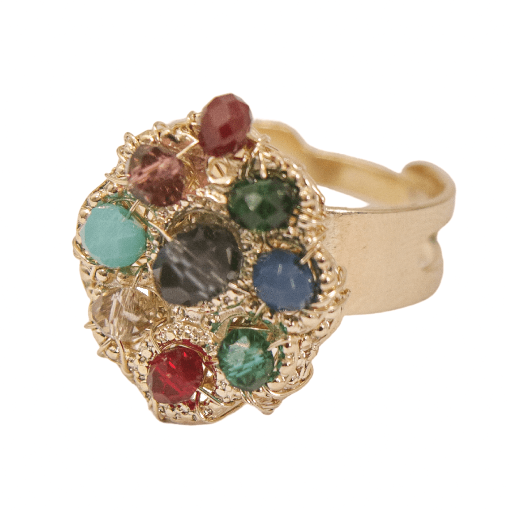 Anel com cristais coloridos folheado em ouro 18k 