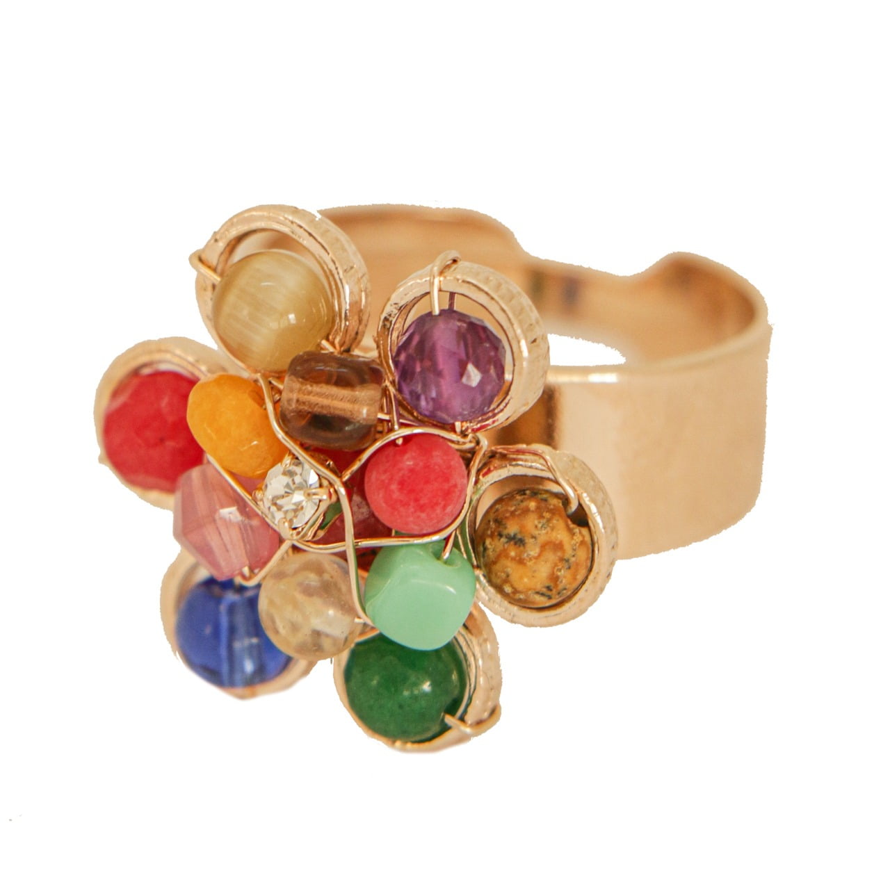 Anel com cristais coloridos, strass e jades coloridas e folheado em ouro 18k 