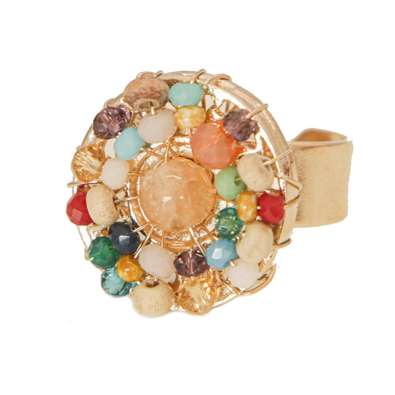 Anel com pedra natural quartzo rutilado e cristais folheado em ouro 18k