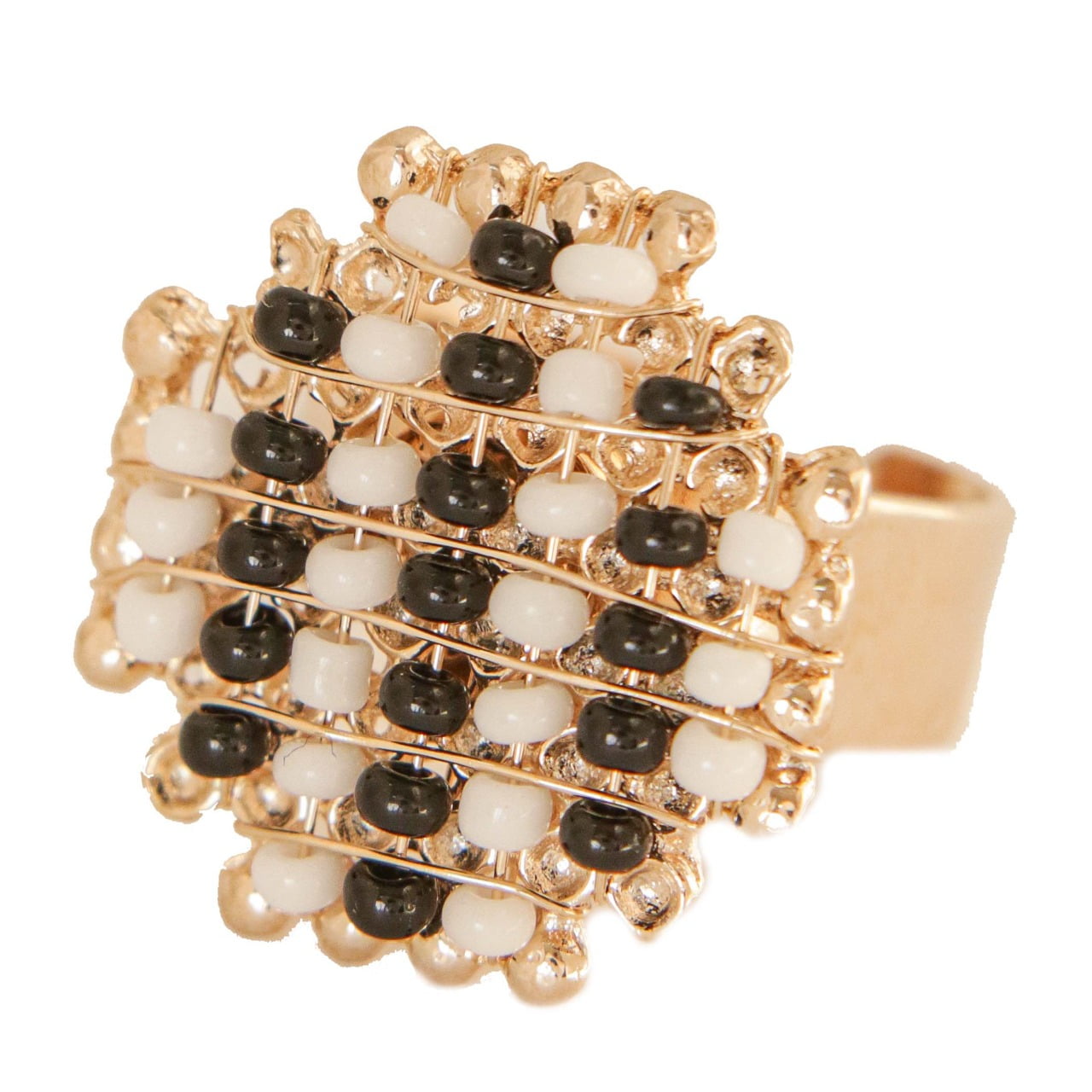 Anel com contas de vidro preto e branco folheado em ouro 18k- 3022000000000012