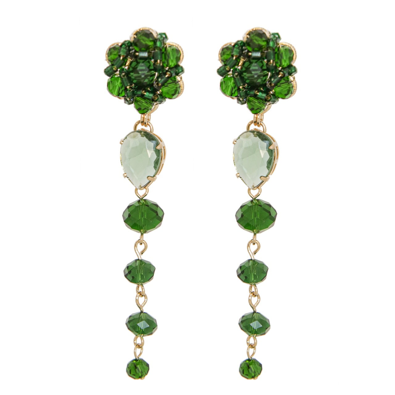 Brinco com cristais, vidrilhos e resinas verde folheado em ouro 18k 
