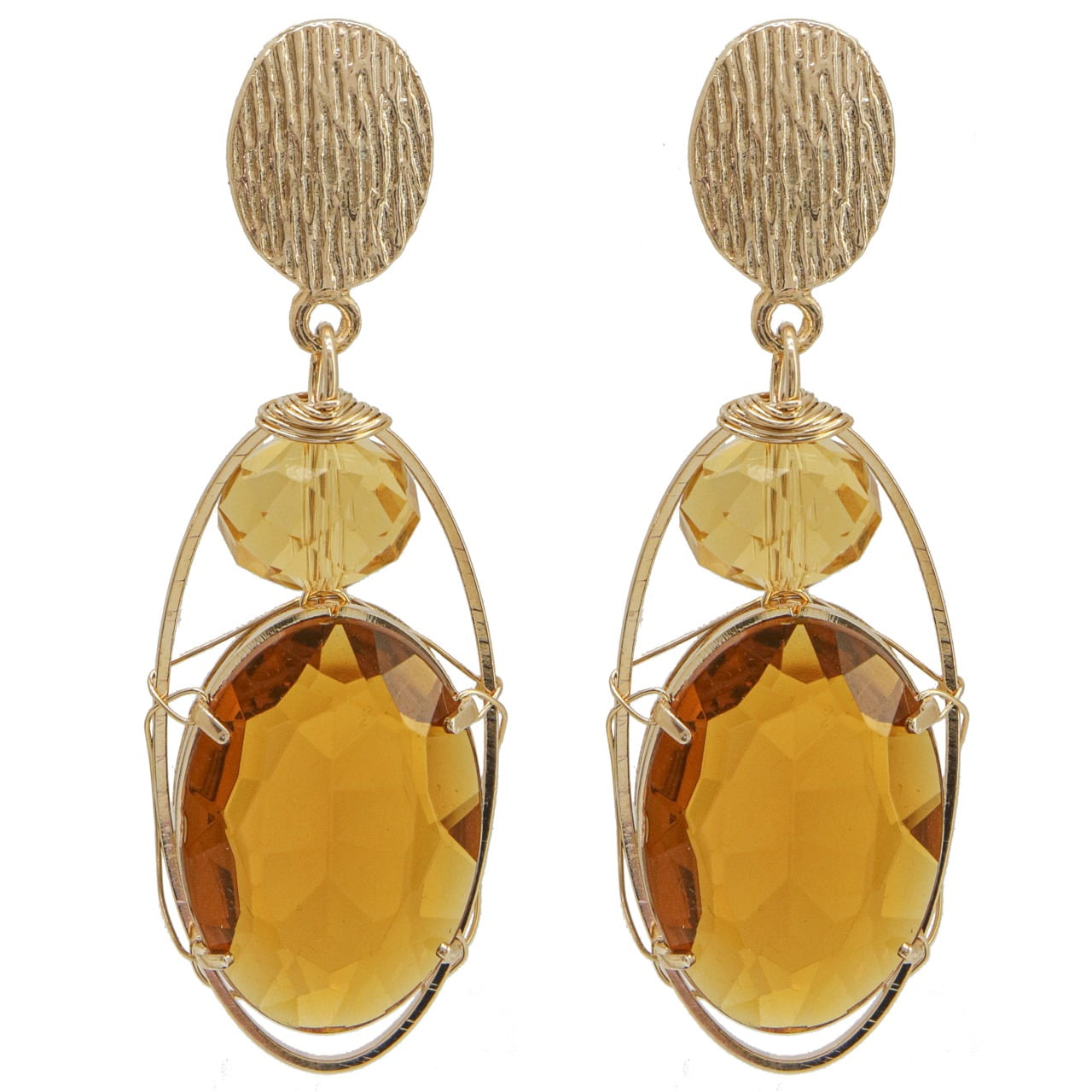 Brinco com cristal e resina marrom folheado em ouro 18k 