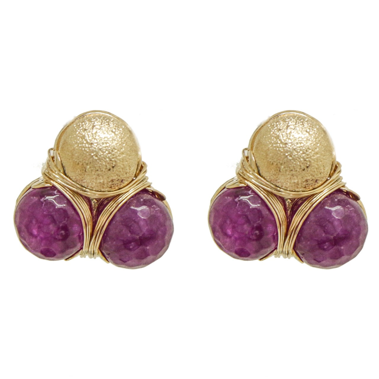 Brinco com bordado com pedra natural jade roxa, folheado em ouro 18K 