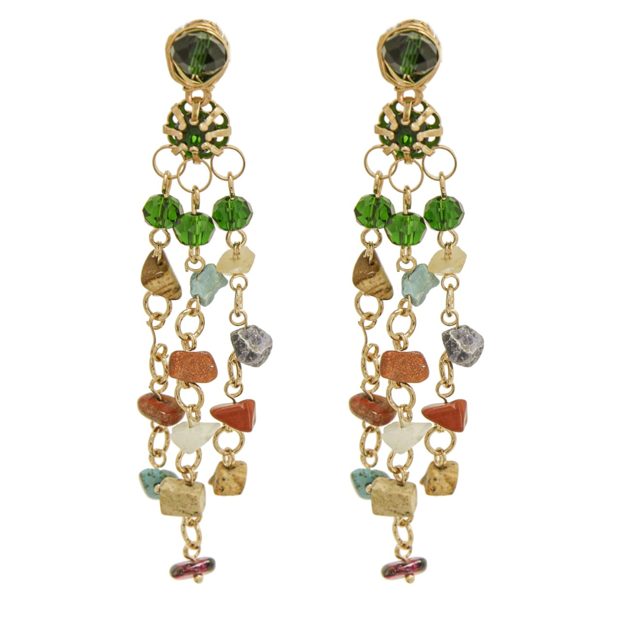 Brinco com cascalho de pedra natural e cristais coloridos  folheado em ouro 18k  