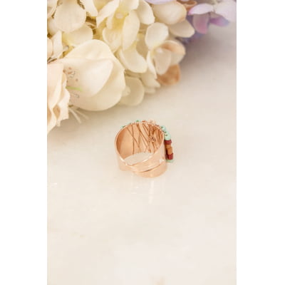 Anel bordado a mão com contas de vidro e vidrilhos coloridos, folheado em ouro 18k 302110000000095