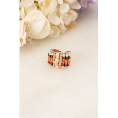 Anel bordado a mão com contas de vidro e vidrilhos coloridos, folheado em ouro 18k 302110000000095