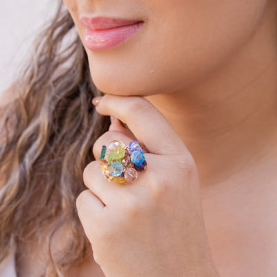 Anel bordado a mão com cristais coloridos, folheado em ouro 18k 302110000000096