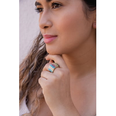 Anel bordado a mão com cristais coloridos, folheado em ouro 18k 302110000000097