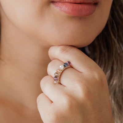 Anel bordado a mão com cristais coloridos, folheado em ouro 18k 302110000000101