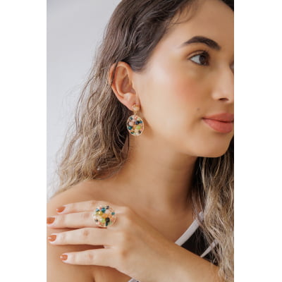 Anel bordado a mão com cristais coloridos, folheado em ouro 18k 302110000000102