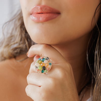 Anel bordado a mão com cristais coloridos, folheado em ouro 18k 302110000000102 Anel bordado a mão com cristais coloridos, folheado em ouro 18k 302110000000102