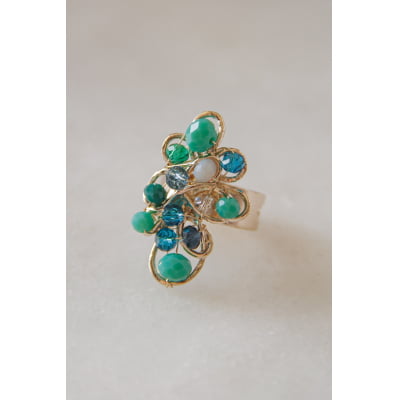 Anel bordado a mão com cristais em tons azul folheado em ouro 18K 302170000000055 Anel bordado a mão com cristais em tons azul folheado em ouro 18K 302170000000055