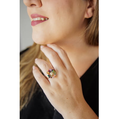 Anel bordado a mão com mix de cristais coloridos folheado em ouro 18k 302110000000105