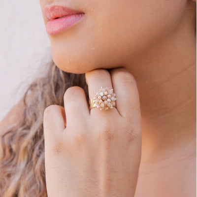 Anel bordado com cristais tons nude folheado em ouro 18k 302130000000047