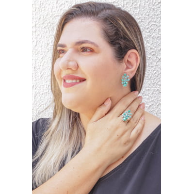 Anel com cristais azuis turquesa folheado em ouro 18k 