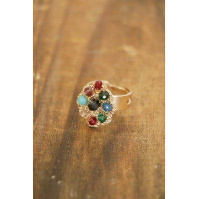 Anel com cristais coloridos folheado em ouro 18k 