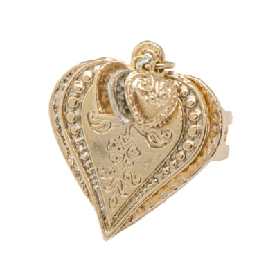 Anel bordado a mão com metal em forma de coração, folheado a ouro 18k e diamante.