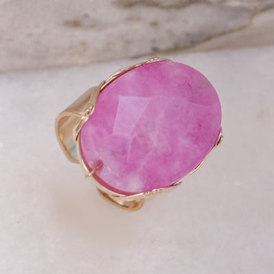 Anel bordado a mão com pedra natural rosa, folheado em ouro 18k 