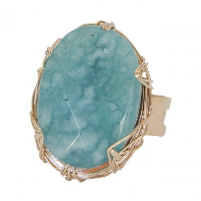 Anel com pedra natural jade amazonita folheado em ouro 18K 