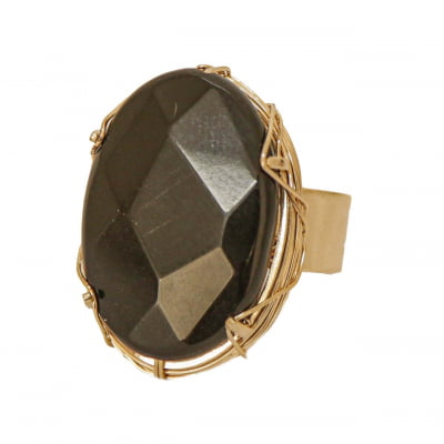 Anel com pedra natural jade preta folheado em ouro 18K 