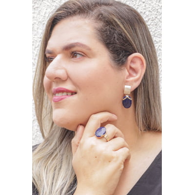 Anel com pedra natural jade safira folheado em ouro 18K 