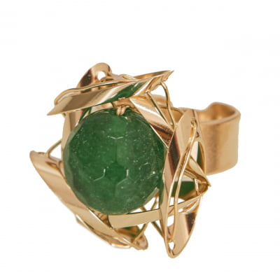 Anel com pedra natural jade verde esmeralda folheado em ouro 18k 302150000000008