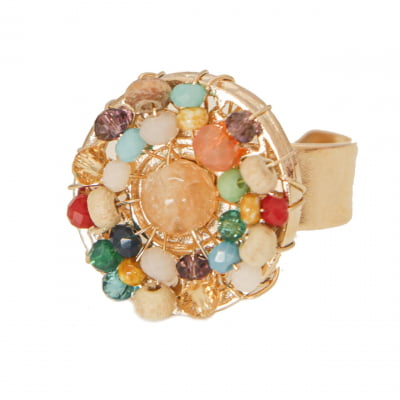 Anel com pedra natural quartzo rutilado e cristais folheado em ouro 18k
