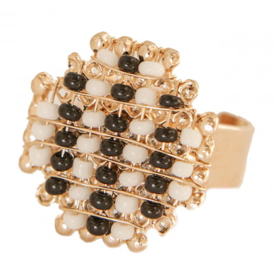 Anel com contas de vidro preto e branco folheado em ouro 18k- 3022000000000012