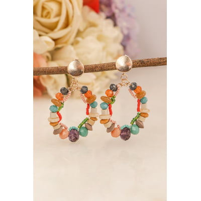 Brinco bordada com mix de cristais coloridos e madeira filipina, folheado em ouro 18k  