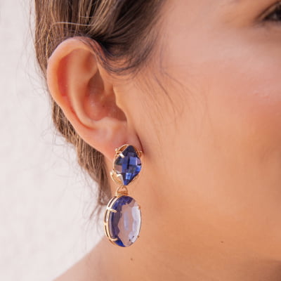 Brinco bordado a mão com cristal e resina tom azul folheado em ouro 18k 202170000000194