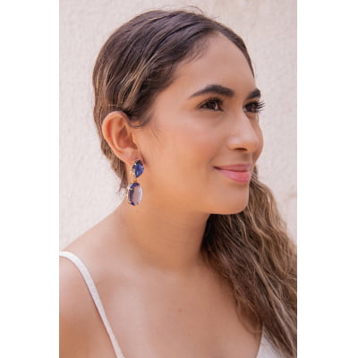 Brinco bordado a mão com cristal e resina tom azul folheado em ouro 18k 202170000000194