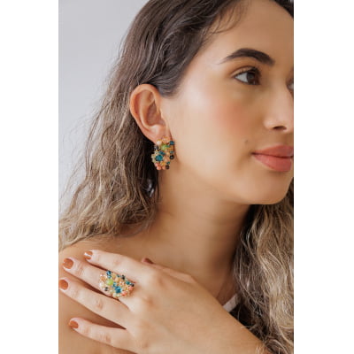 Brinco bordado a mão com mix de cristais coloridos candy colors e folheado em ouro 18k 2021100000004677