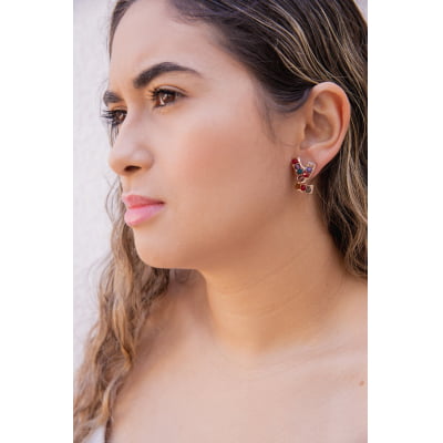 Brinco bordado a mão com mix de cristais coloridos, folheado em ouro 18k 2021100000004662