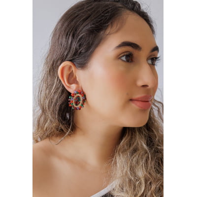 Brinco bordado a mão com mix de cristais coloridos folheado em ouro 18k 2021100000004671 Brinco bordado a mão com mix de cristais coloridos folheado em ouro 18k 2021100000004671