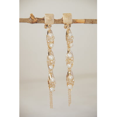 Brinco bordado a mão com Pérola ABS, strass e cristais transparente folheado em ouro 18k 202140000000120