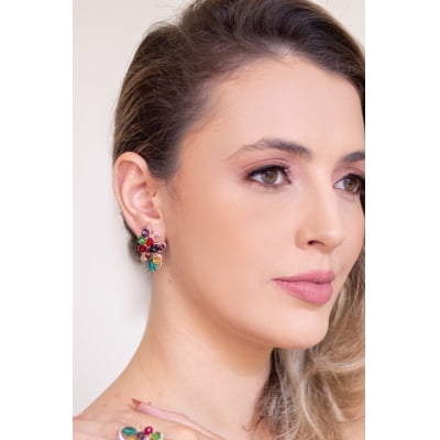 Brinco com cristais coloridos folheado em ouro 18k