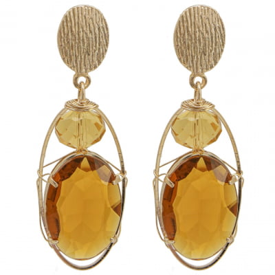 Brinco com cristal e resina marrom folheado em ouro 18k 