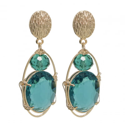 Brinco com cristal e resina verde petróleo folheado em ouro 18k 202150000000022