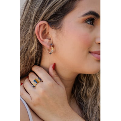 Brinco de argola bordado a mão com cristais folheado em ouro 18k 2021100000004637