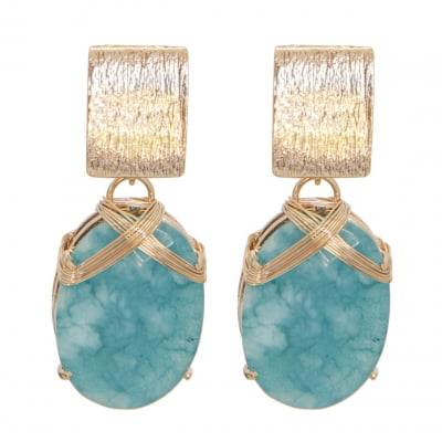 Brinco com pedra natural jade amazonita folheado em ouro 18K  