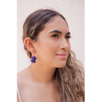 Brinco bordado a mão com cristais e pedra natural tom azul folheado em ouro 18k 202170000000195