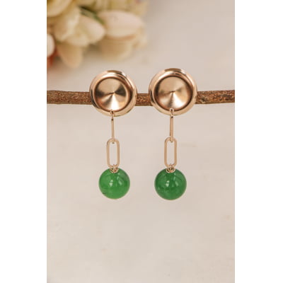 Brinco bordado a mão com pedra natural jade verde, folheado em ouro 18k 