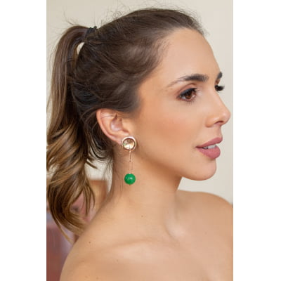 Brinco bordado a mão com pedra natural jade verde, folheado em ouro 18k 