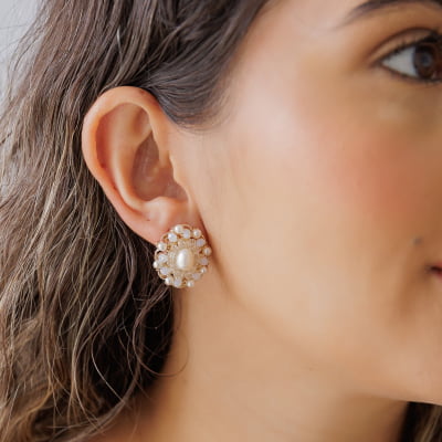 Brinco bordado a mão com Pérola ABS e pérola natural de água doce folheado em ouro 18k  202140000000117