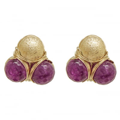 Brinco com bordado com pedra natural jade roxa, folheado em ouro 18K 