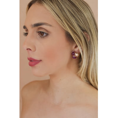 Brinco com bordado com pedra natural jade roxa, folheado em ouro 18K 