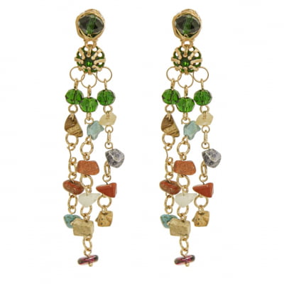 Brinco com cascalho de pedra natural e cristais coloridos  folheado em ouro 18k  