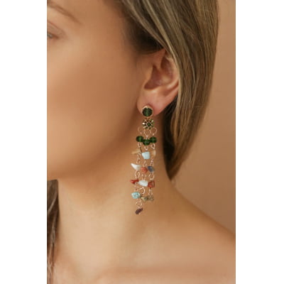 Brinco com cascalho de pedra natural e cristais coloridos  folheado em ouro 18k  