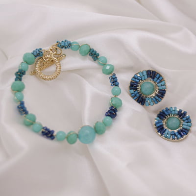 Brinco com pedra natural jade Amazonita e vidrilhos azuis folheado em ouro 18k  202170000000021
