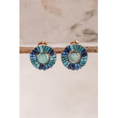 Brinco com pedra natural jade Amazonita e vidrilhos azuis folheado em ouro 18k  202170000000021